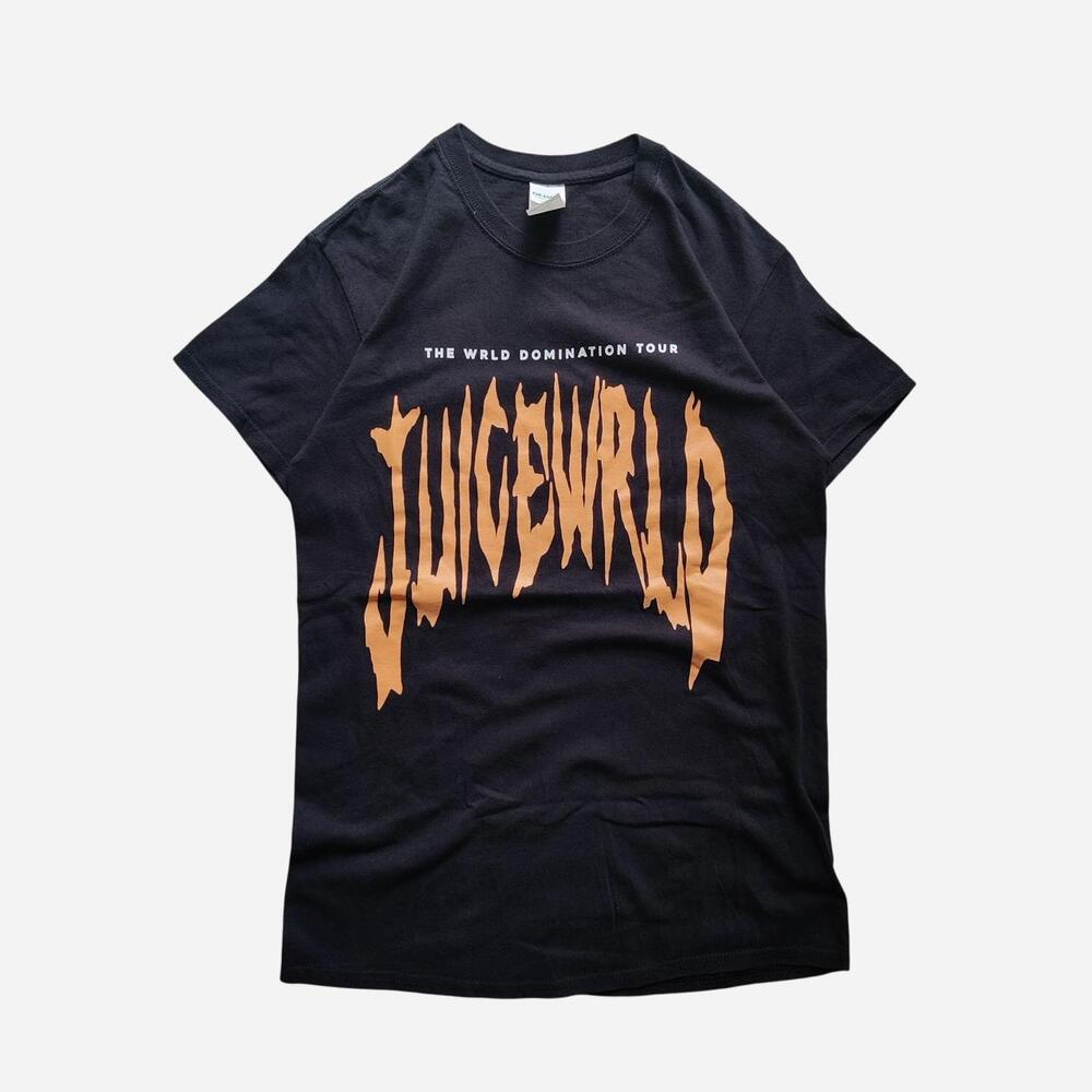 Juice WRLD black t-shirt with orange dripping text graphic